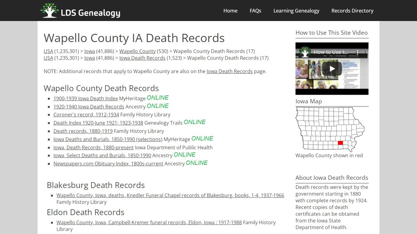 Wapello County IA Death Records - LDS Genealogy