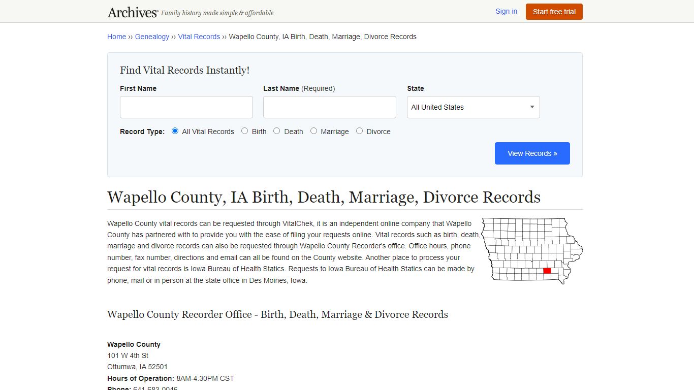 Wapello County, IA Birth, Death, Marriage, Divorce Records